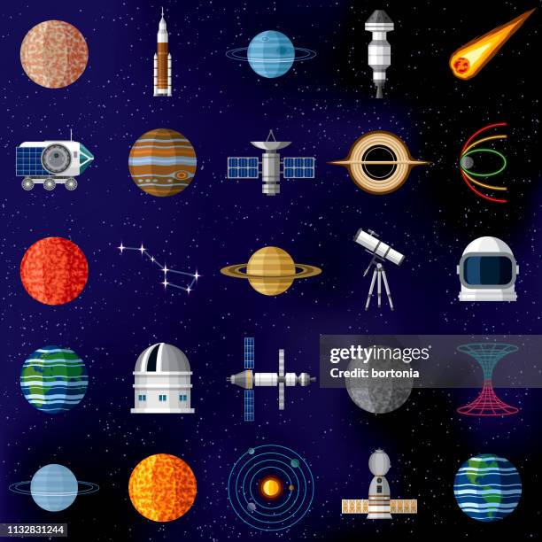 outer space icon set - space mission stock illustrations