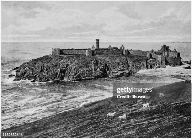 antique black and white photograph of england and wales: st patrick island, peel, isle of man - saint patrick stock illustrations