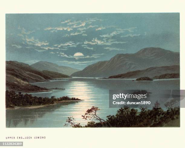 scottish landscape, upper end, loch lomond, scotland, 19th century - lithograph stock illustrations