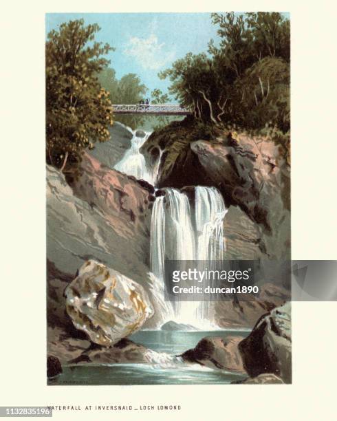 stockillustraties, clipart, cartoons en iconen met schotse landschap, inversnaid waterval, loch lomond, schotland, 19de eeuw - waterval