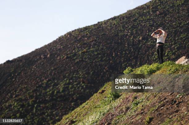 Man takes in the view as new vegetation sprouts in a Woolsey Fire burn area, in the Santa Monica Mountains, on February 25, 2019 near Malibu,...