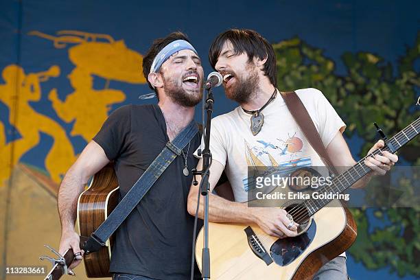 Scott Avett and Seth Avett of The Avett Brothers perform during day 1 of the 2011 New Orleans Jazz & Heritage Festival at the Fair Grounds Race...