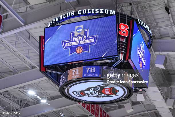 Reynolds Coliseum score board with the NCAA logo during the 2019 Div 1 Women's Championship - First Round college basketball game between the...