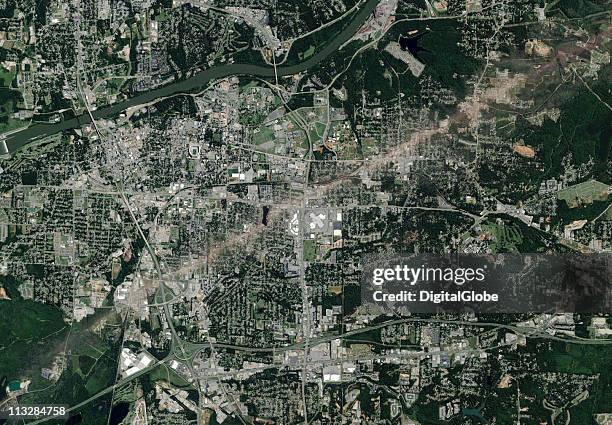 In this satellite view, the path of what is believed to have been a FE-4 grade tornado can be seen April 29, 2011 in Tuscaloosa, Alabama. The twister...