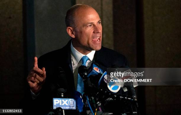 Attorney Michael Avenatti speaks to the press after leaving the federal court house in Manhattan on March 25, 2019 in New York City. - Michael...