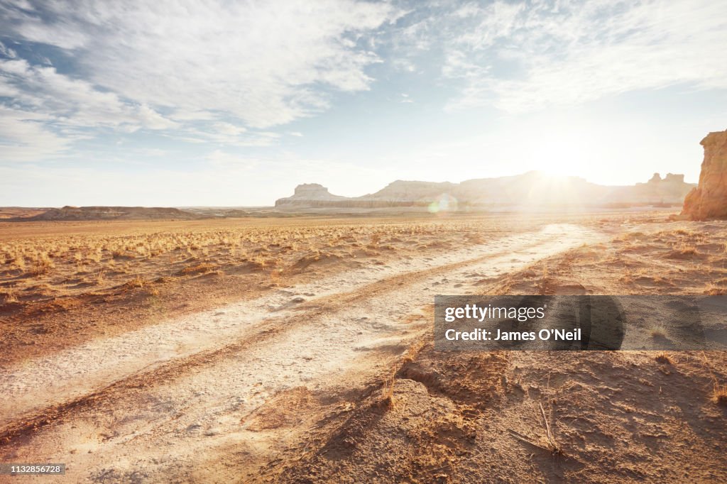 Dirt road in arid desert landscape with distant cliffs and sunlight