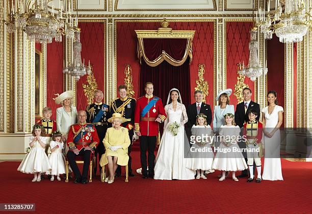 In this handout photo, issued by St James's Palace, the bride and groom Prince William, Duke of Cambridge and Catherine, Duchess of Cambridge pose...