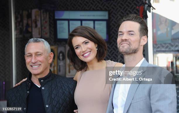 Adam Shankman, Mandy Moore and Shane West pose together at Mandy Moore's Star Ceremony On The Hollywood Walk Of Fame on March 25, 2019 in Hollywood,...