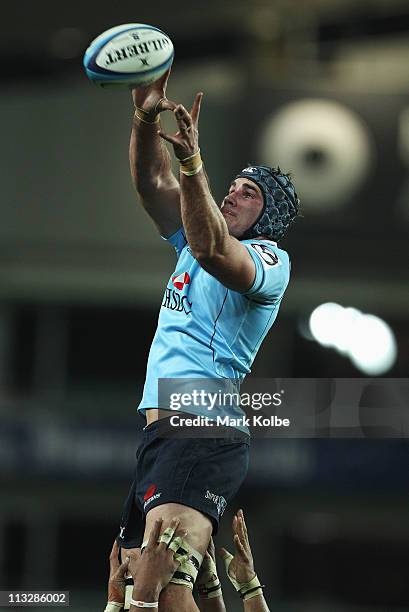 Ben Mowen of the Waratahs wins the line out ball during the round 11 Super Rugby match between the Waratahs and the Rebels at the Sydney Football...