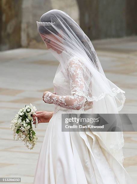 Catherine Middleton arrives to attend the Royal Wedding of Prince William to Catherine Middleton at Westminster Abbey on April 29, 2011 in London,...