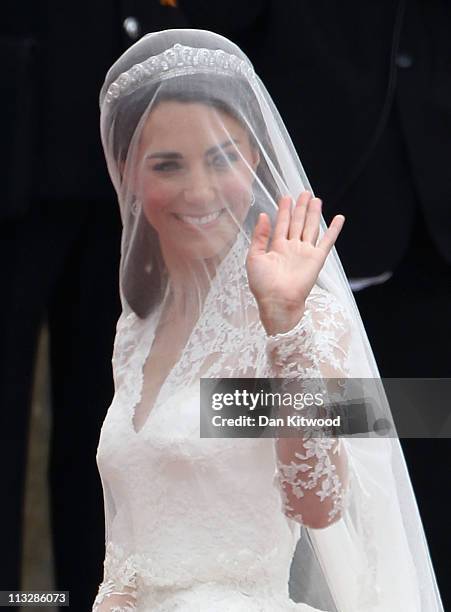 Catherine Middleton arrives to attend the Royal Wedding of Prince William to Catherine Middleton at Westminster Abbey on April 29, 2011 in London,...