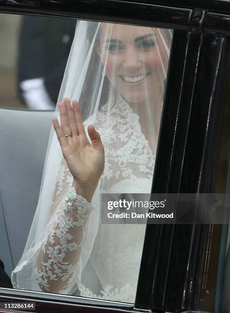 Catherine Middleton arrives to attend the Royal Wedding of Prince William to Catherine Middleton at Westminster Abbey on April 29, 2011 in London,...