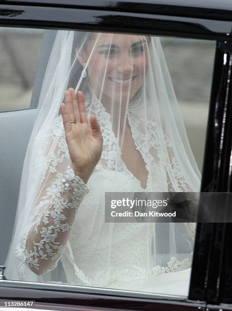 Catherine Middleton arrives to attend the Royal Wedding of Prince William to Catherine Middleton at Westminster Abbey on April 29, 2011 in London,...