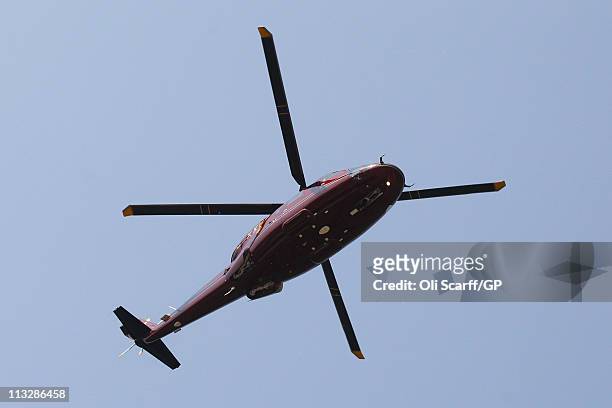 Helicopter carrying Prince William, Duke of Cambridge and Catherine, Duchess of Cambridge leaves from the gardens of Buckingham Palace on April 30,...