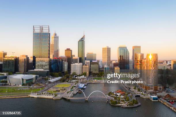 aerial view of elizabeth quay waterfront during sunset in perth, western australia state, australia. - perth western australia stock pictures, royalty-free photos & images