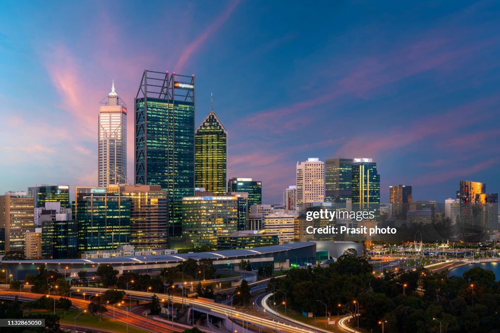 Downtown Perth city skyline at twilight in Western Australia, Australia.