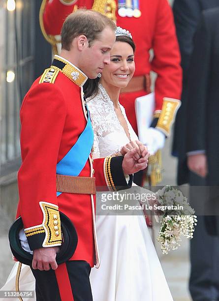 Their Royal Highnesses Prince William, Duke of Cambridge and Catherine, Duchess of Cambridge following their marriage at Westminster Abbey on April...
