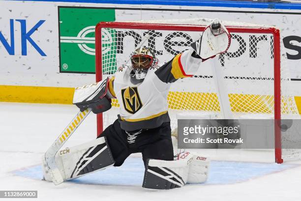 Malcolm Subban of the Vegas Golden Knights defends the net against the St. Louis Blues at Enterprise Center on March 25, 2019 in St. Louis, Missouri.