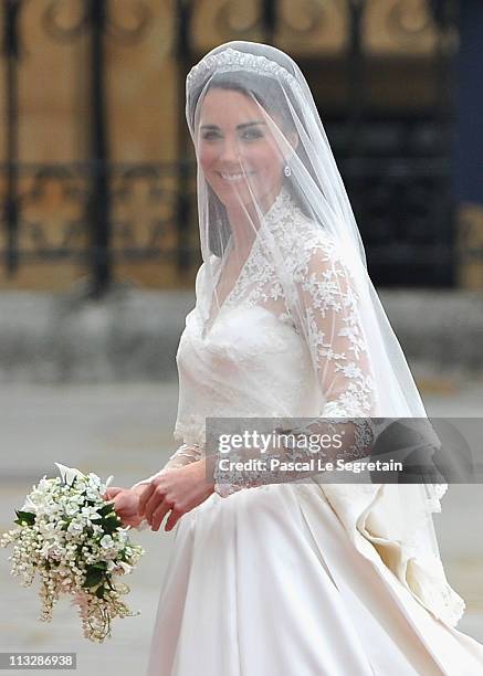 Catherine Middleton arrives to attend the Royal Wedding of Prince William to Catherine Middleton at Westminster Abbey on April 29, 2011 in London,...