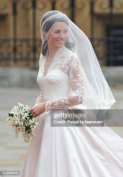 Catherine Middleton arrives to attend the Royal Wedding of Prince William to Catherine Middleton at Westminster Abbey on April 29, 2011 in London,...