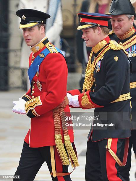 Prince William of Wales arrives with his brother Prince Harry of Wales to attend the Royal Wedding of Prince William to Catherine Middleton at...