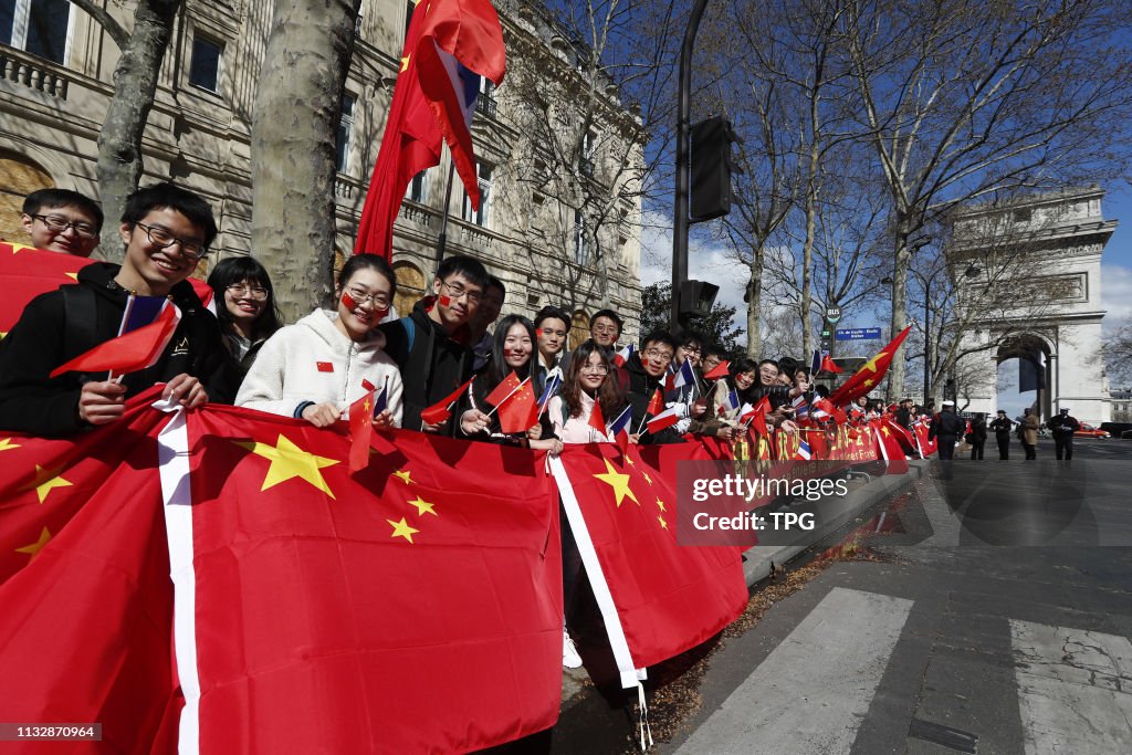 The overseas Chinese and students welcome Jinping Xi on street in Paris,France on 25 March, 2019