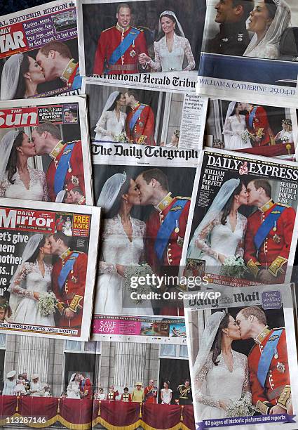 The front pages of UK national newspapers universally cover the royal wedding of Prince William, Duke of Cambridge and Princess Catherine, Duchess of...