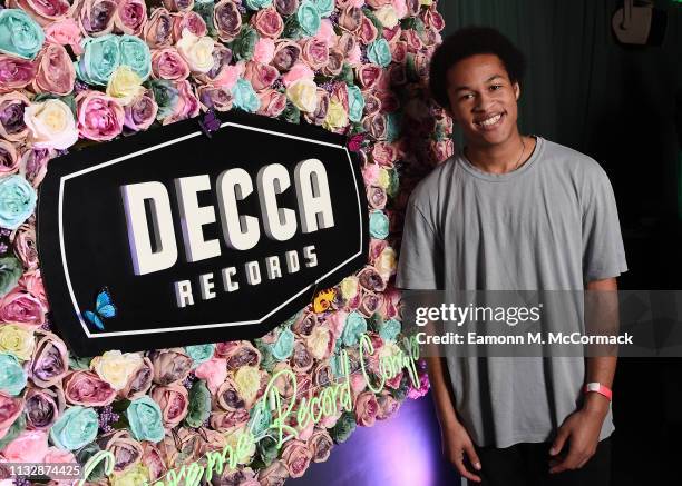 Sheku Kanneh-Mason attends the DECCA Records 90th Anniversary event at White City House on February 28, 2019 in London, England.