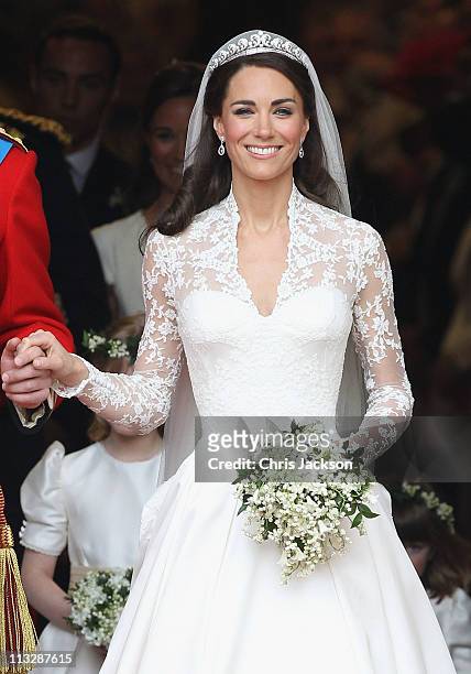 Catherine, Duchess of Cambridge exits following her marriage to HRH Prince William, Duke of Cambridge at Westminster Abbey on April 29, 2011 in...