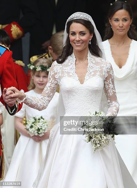 Catherine, Duchess of Cambridge exits following her marriage to HRH Prince William, Duke of Cambridge at Westminster Abbey on April 29, 2011 in...