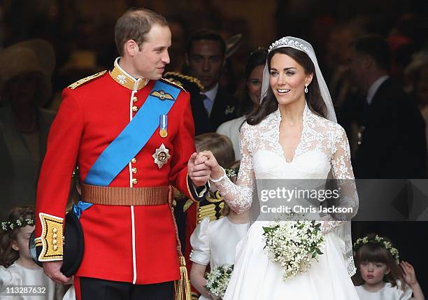 Prince William, Duke of Cambridge and Catherine, Duchess of Cambridge smile following their marriage at Westminster Abbey on April 29, 2011 in...