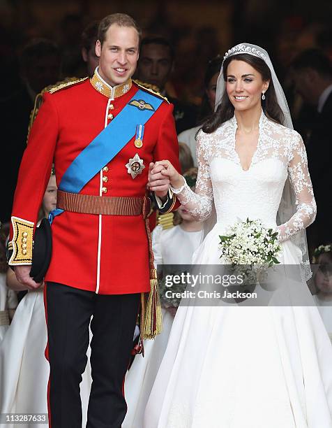 Prince William, Duke of Cambridge and Catherine, Duchess of Cambridge smile following their marriage at Westminster Abbey on April 29, 2011 in...