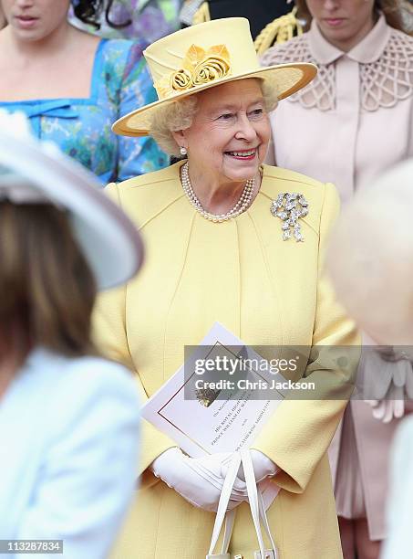 Queen Elizabeth II following the marriage of Prince William, Duke of Cambridge and Catherine, Duchess of Cambridge at Westminster Abbey on April 29,...