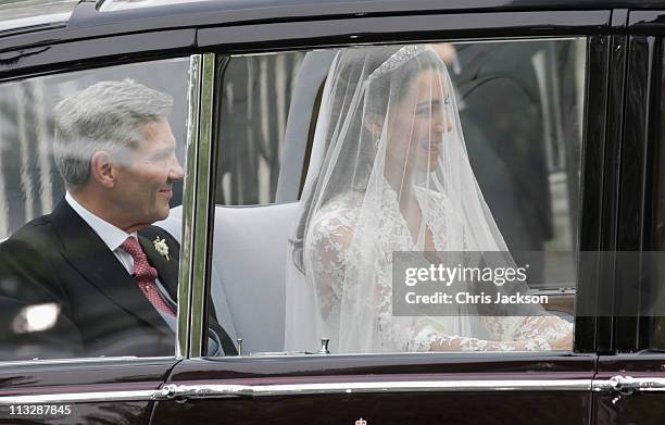 Catherine Middleton with the father Michael Middleton arrives to attend her Royal Wedding to Prince William at Westminster Abbey on April 29, 2011 in...