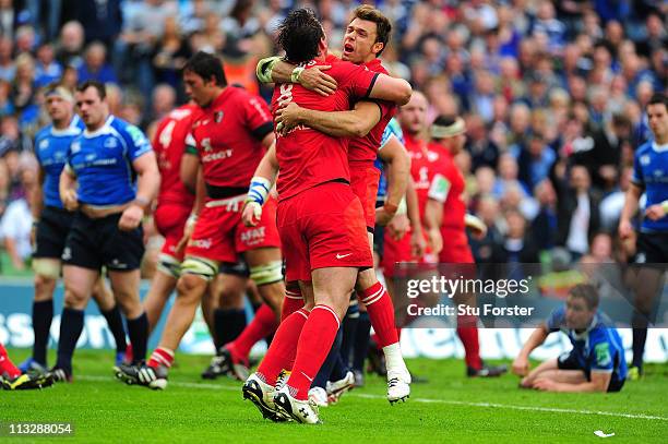 Toulouse number 8 Louis Picamoles celebrates with Vincent Clerc after scoring during the Heineken Cup Semi Final between Leinster and Toulouse at...