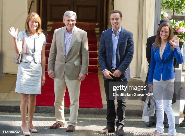 Carole, Michael, James and Philippa Middleton depart the Goring Hotel in London on April 30, 2011 in London, England.