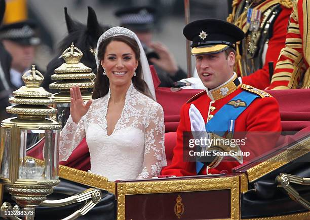 Their Royal Highnesses Prince William, Duke of Cambridge and Catherine, Duchess of Cambridge journey by carriage procession to Buckingham Palace...