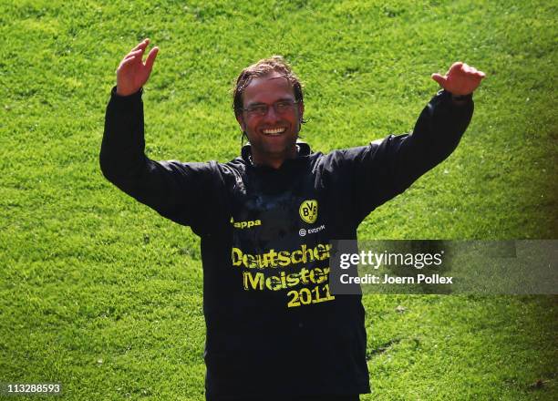 Head coach Juergen Klopp of Dortmund of Dortmund celebrates the German championship for Dortmund after winning the Bundesliga match between Borussia...