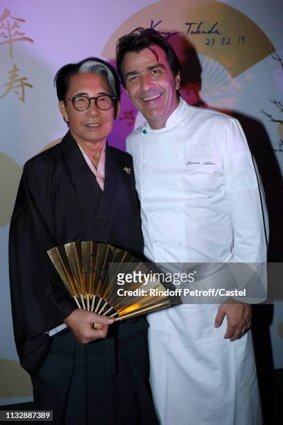 Kenzo Takada and Chef of the Pavillon Ledoyen, Yannick Alleno attend the 80th Kenzo Takada Birthday Party at Pavillon Ledoyen on February 28, 2019 in...