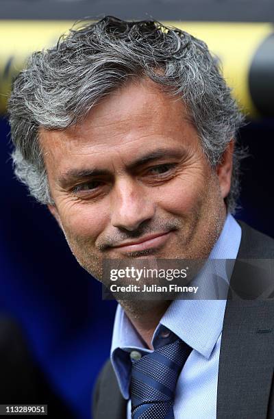 Jose Mourinho, coach of Real Madrid looks on before the La Liga match between Real Madrid and Real Zaragoza at Estadio Santiago Bernabeu on April 30,...