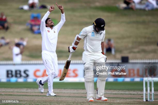 Soumya Sarkar of Bangladesh celebrates his wicket of Tom Latham of New Zealand during day two of the First Test match in the series between New...