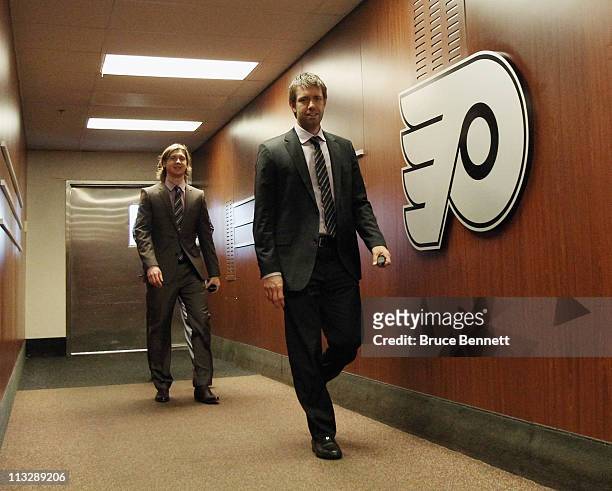 Goaltenders Sergei Bobrovsky and Brian Boucher of the Philadelphia Flyers arrive for their game against the Boston Bruins in Game One of the Eastern...