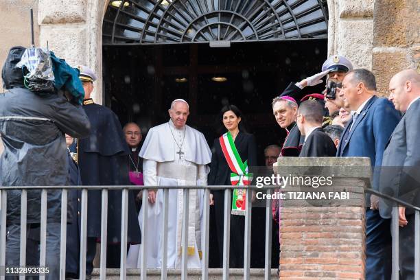 Rome mayor Virginia Raggi greets Pope Francis upon his arrival for a visit at Rome's City all on Capitoline Hill on March 26, 2019 in Rome.