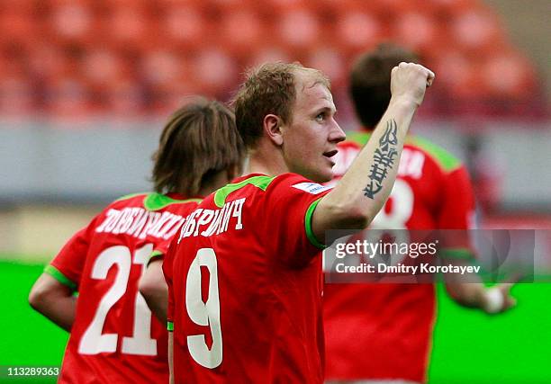 Senijad Ibricic of FC Lokomotiv Moscow celebrates after scoring a goal during the Russian Football League Championship match between FC Lokomotiv...