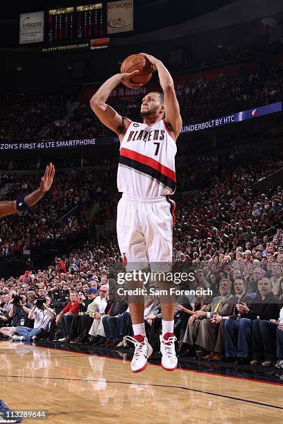 Brandon Roy of the Portland Trail Blazers shoots the ball during a game against the Dallas Mavericks in Game Six of the Western Conference...