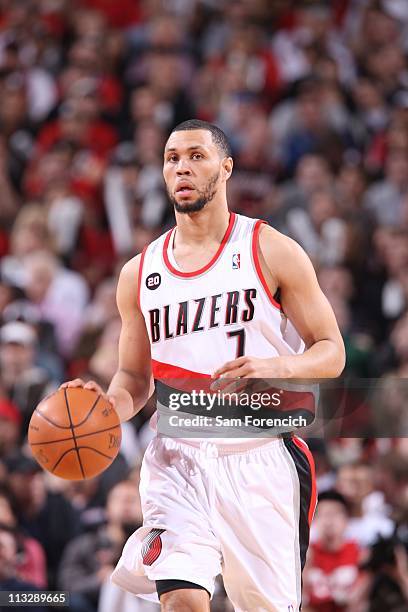 Brandon Roy of the Portland Trail Blazers controls the ball during a game against the Dallas Mavericks in Game Six of the Western Conference...