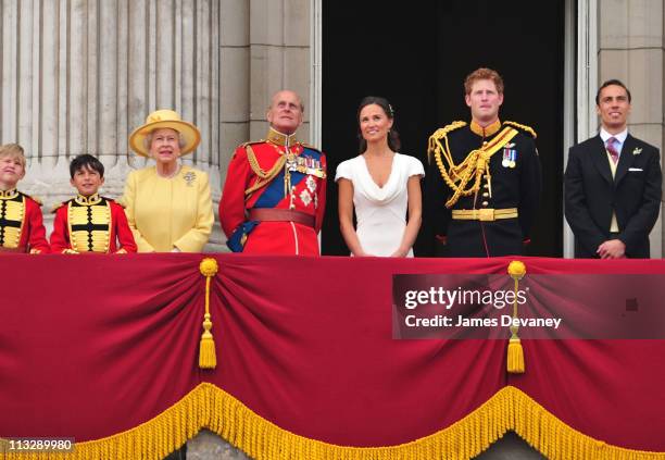 Queen Elizabeth II , Prince Philip, Duke of Edinburgh, Pippa Middleton and Prince Harry greet crowd of admirers from the balcony of Buckingham Palace...