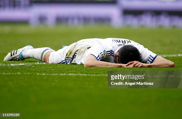 Kaka of Real Madrid lies on the field during the La Liga match between Real Madrid and Real Zaragoza at Estadio Santiago Bernabeu on April 30, 2011...