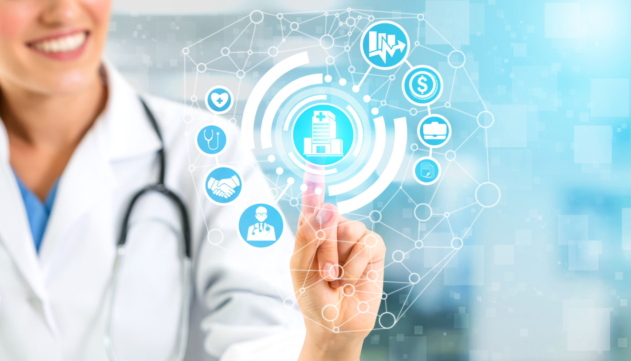 Health Insurance Concept - Doctor in hospital with health insurance related icon graphic interface showing healthcare people, money planning, risk management, medical treatment and coverage benefit. Health Insurance Concept - Doctor in hospital with health insurance related icon graphic interface showing healthcare people, money planning, risk management, medical treatment and coverage benefit.
