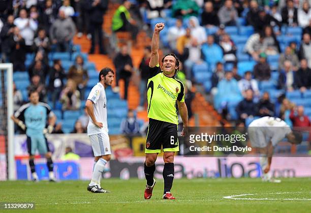 Maurizio Lanzaro of Real Zaragoza celebrates after his team scored their second goal during the La Liga between Real Madrid and Real Zaragona at...